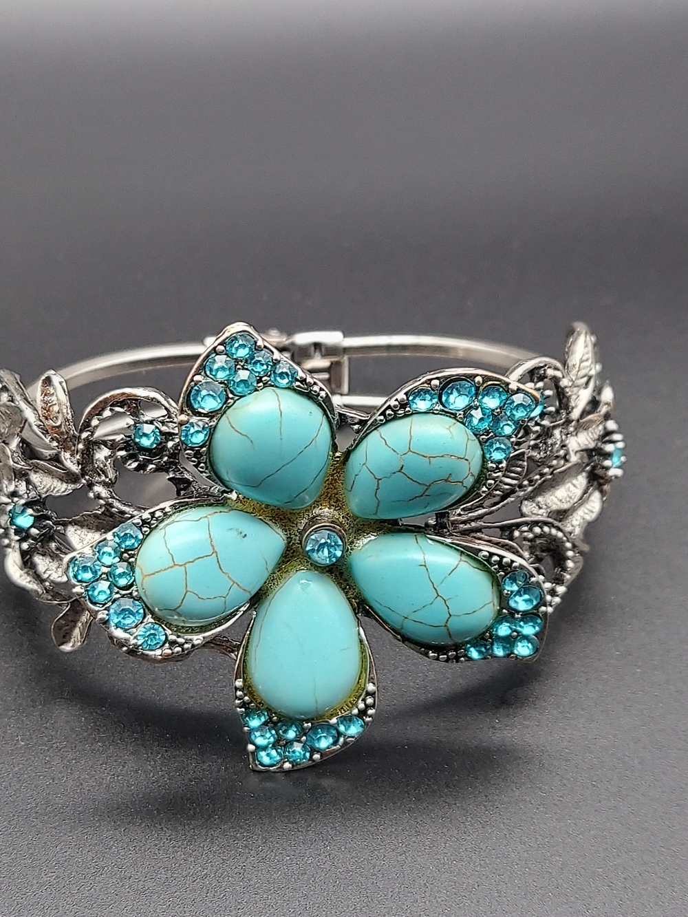 Turquoise Floral Statement Bracelet - Turquoise Blue Fashion Jewelry
